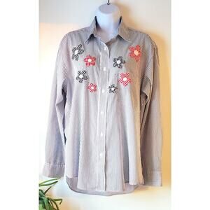 Las Olas Womens Patriotic Pinstrip Button Down  Shirt Size Medium Preppy Granny